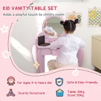 ZONEKIZ Kids Vanity Table with Mirror, Stool, Drawer, Storage Boxes, Cat Design, for Ages 3-6 Years - Pink(m-4)