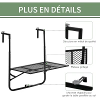 Outsunny Table de balcon suspendue en métal pliable et hauteur réglable dim. 60L x 60P x 57-72H cm - noir(m-6)
