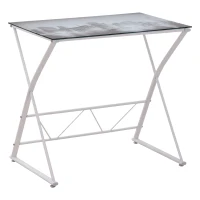 HOMCOM Bureau Informatique Design Contemporain Plateau Verre trempé décor New-York châssis métal Blanc(m-1)