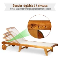 Outsunny Bain de Soleil transat Design Colonial Dossier inclinable 2 Positions roulettes dim. 198L x 60l x 68/87H cm Tissu textilène Blanc Bois Acacia(m-4)