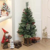 HOMCOM 1.2m/4ft Artificial Christmas Tree with 100 Warm White LED Lights and 8 Modes, Small Xmas Tree with Red Berries, Pine Cones and Retro Base, Green(m-8)
