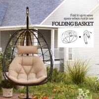 Outsunny Hanging Egg Chair Outdoor Indoor Garden Swing Chair with Folding Basket, Thickened Cushion, Garden Hanging Chair with Stand, Headrest for Patio, Balcony, Khaki(m-5)