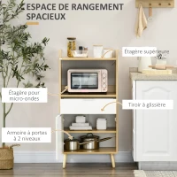 HOMCOM Meuble desserte de cuisine pour micro-ondes avec placard tiroir étagère réglable 58 x 40 x 118 cm naturel et blanc(m-4)