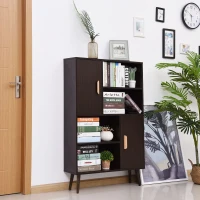 HOMCOM Sideboard Bookshelf Free Standing Bookcase Shelves Unit Display Storage Cabinet w/ Adjustable Shelves, Wooden Leg, Two Doors, Walnut(m-2)