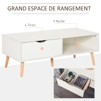 HOMCOM Table Basse rectangulaire Design scandinave Grande Niche et tiroir Coulissant Bois Massif pin Panneaux Particules Blanc(m-6)