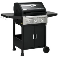 Outsunny 9kW Three-Burner Gas BBQ Grill, with See-Through Lid - Black(m-1)