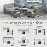 Outsunny Ensemble salon de jardin 7 pièces modulables table basse plateau verre trempé coussins déhoussables inclus gris(m-6)