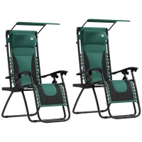 Outsunny Zero Gravity Lounger Chair Set of 2, Folding Reclining Patio Chair with Shade Cover, Padded Seat, Cup Holder, Soft Cushion and Headrest for Poolside, Camping, Green(m-11)