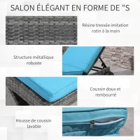 Outsunny Bain de soleil transat - dossier inclinable 5 positions roulettes - matelas déhoussable - résine tressée bleu et gris(m-6)