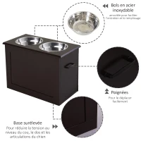 PawHut Gamelles chiens surélevées gamelle double chien chat Porte-gamelles surélevé dim. 60L x 30l x 41H cm 2 gamelles 2L poignées coffre bois chocolat(m-6)