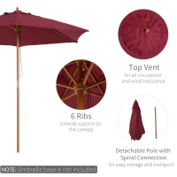 Outsunny 2.5m Wood Garden Parasol Sun Shade Patio Outdoor Wooden Umbrella Canopy Wine Red(m-4)