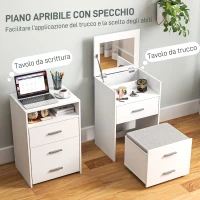 HOMCOM Tavolo da Trucco in Legno con Specchio Ribaltabile, 2 Cassetti e Sgabello, 50x40x113.5 cm, Bianco(m-4)