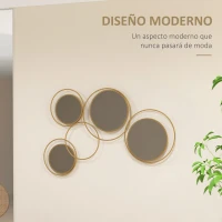 HOMCOM Espejo Decorativo de Pared de Metal 3D Decoración con 4 Espejos Redondos para Salón Dormitorio Pasillo 110x68 cm Dorado(m-4)
