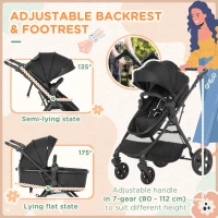 HOMCOM Foldable Baby Stoller, with Reclining Backrest, Adjustable Canopy, for Ages 0-36 Months - Black(m-5)