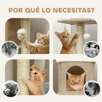 PawHut Árbol Rascador para Gatos de Borreguito de 140 cm con 2 Cuevas Plataformas Bolas Colgantes y Poste de Sisal Marrón Claro(m-7)
