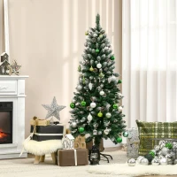 HOMCOM 5 Ft Snow Artificial Christmas Tree with Realistic Branches, Pine Cone, for Indoor Decoration, Green White(m-10)