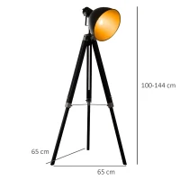 HOMCOM Lampadaire trépied style industriel hauteur réglable abat-jour ajustable E27 40W max. 65 x 65 x 108-152 cm bois métal noir et doré(m-3)