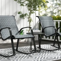 Outsunny 3 Piece Outdoor Rocking Set with 2 Armchairs and Metal Top Coffee Table, Patio Bistro Set with Curved Armrests, Breathable Mesh Fabric Seat for Garden, Deck, Mixed Grey(m-7)
