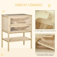 PawHut Jaula de Madera para Hámster Ratones Casa de Juegos con 5 Plataformas Rampa Techo Abatible Ventana Cristal Plástico y Estante Inferior 60x40x80 cm Natural(m-6)