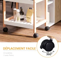 HOMCOM Chariot de service desserte de cuisine à roulettes 2 étagères + plateau amovible bois de pin MDF blanc(m-7)