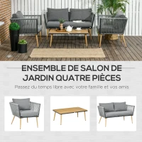 Outsunny Salon de Jardin en résine tressée 4 places avec 1 canapé 2 fauteuils et 1 table basse 7 coussins inclus gris(m-4)