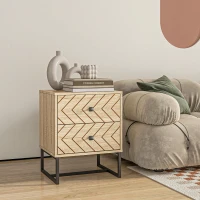 HOMCOM Bedside Table Nightstand Two-Drawer Bedroom Storage Unit Zig Zag Design with Black Metal Handles, Natural(m-2)