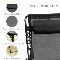 Outsunny Chaise longue pliable bain de soleil transat de relaxation dossier inclinable 5 niveaux têtière amovible pochette latérale intégrée revêtement textilène acier dim. 189 x 58 x 30 cm noir(m-6)