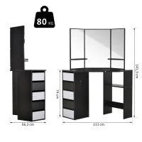HOMCOM Coiffeuse d'angle design contemporain table de maquillage multi-rangements 5 tiroirs 3 étagères 3 miroirs noir blanc(m-3)
