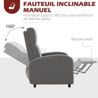 HOMCOM Fauteuil relax inclinable jusqu'à 160° manuellement avec repose-pieds intégré, charge max. 120kg, grand confort, gris(m-5)