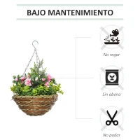 Outsunny Juego de 2 Plantas Colgantes de Lisianthus Sintéticas con Maceta de Mimbre y Cadenas Ø25x34 cm Rosa y Verde(m-6)