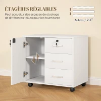 HOMCOM Caisson bureau meuble de rangement verrouillable avec 3 tiroirs et étagère réglable, roulettes, 40 x 60 x 56 cm, blanc(m-6)