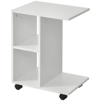 HOMCOM C-Shape End Table Unique Storage Unit w/ 2 Shelves 4 Wheels Freestanding Home Furniture Cabinet Square White(m-11)