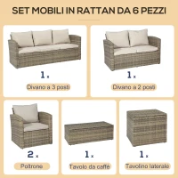 Outsunny Set da Giardino 6 Pezzi in Rattan con Divani, Poltrone e Tavoli Contenitore, Beige(m-5)