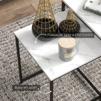 HOMCOM Lot de 3 tables basses carrées gigognes - acier noir panneaux aspect marbre blanc 50/45/39,5 cm(m-5)