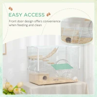 PawHut Hamster Cage, Gerbil Cage with Wooden Ramp, Exercise Wheel, Food Bowl - White(m-6)
