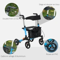 HOMCOM Déambulateur pliant avec siège et dossier 4 roues pliable réglable avec sac de rangement freins à main bleu et noir(m-5)