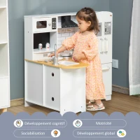 HOMCOM Cuisine pour Enfant 3-6 ans Jeu d'imitation Nombreux Accessoires rangements évier, robinet, four, micro-ondes, hotte, téléphone et réfrigérateur Blanc(m-4)