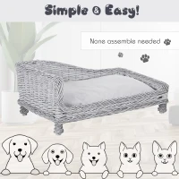 Pawhut Wicker Dog Cat Bed Kitten Lounger  Pet Bed Rattan Willow Basket Soft Cushion Lightweight 69 x 42 x 33 cm Grey(m-4)