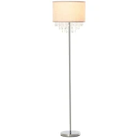 HOMCOM Modern Steel Floor Lamp with Crystal Pendant Fabric Lampshade Floor Switch, Home Style Standing Light for Living Room, Entrance, Office, 164CM, Silver and Cream White(m-11)