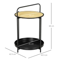 End Table,2-Tier Round Side Table with Detachable Tray & Plastic Rattan Shelf, Metal Frame Nightstand Bedside Table for Living Room, Bedroom, Black(m-3)