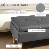 HOMCOM Banc coffre de rangement 2 en 1 banquette en velours avec couvercle à charnière capitonné et pieds en bois, gris foncé(m-6)