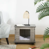 PawHut Wicker Dog House, Rattan Pet Bed, Cat House, End Table Furniture, with Soft Cushion, Adjustable Feet, for X-Small Dogs Grey, 60 x 44 x 51.5 cm(m-9)
