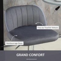 HOMCOM Lot de 2 tabourets de bar design contemporain avec repose-pieds hauteur réglable et pivotant - revêtement tissu effet velours - pied métal - gris(m-7)