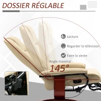 HOMCOM Fauteuil relax inclinable repose-pieds réglable pivotant 360° piètement bois revêtement synthétique crème(m-4)