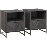 HOMCOM Bedside Table with Drawer and Shelf, Side End Table with Steel Legs for Living Room, Bedroom, Set of 2, Dark Grey(m-1)