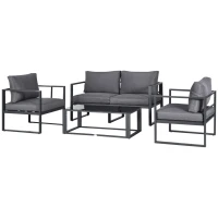 Outsunny 4 Pieces Garden Sofa Set 2 Single Armchair 1 Bench & Side Table Set Aluminium Frame Patio Furniture with Cushions Grey(m-11)