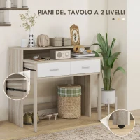 HOMCOM Tavolo Consolle a 2 Livelli con Piano Estraibile e 2 Cassetti in Legno, 95x35x87cm, Rovere(m-4)