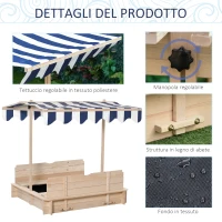 Outsunny Sabbiera per Bambini in Legno con Tettuccio Parasole, Panca e Coperchio, 106x106x115 cm Bianco e Blu(m-6)