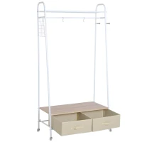 HOMCOM Portant sur roulettes porte-manteaux vestiaire d'entrée multi-rangements penderie, 2 tiroirs, 2 étagères, 2 patères  99L x 47l x 185H cm panneaux particules métal blanc(m-1)