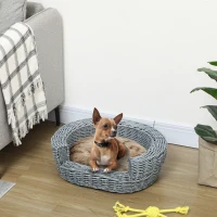 PawHut Wicker Pet Bed Willow Dog Cat Sofa Couch Puppy Basket with Cushion Grey 57L x 46W x 17.5H cm(m-10)